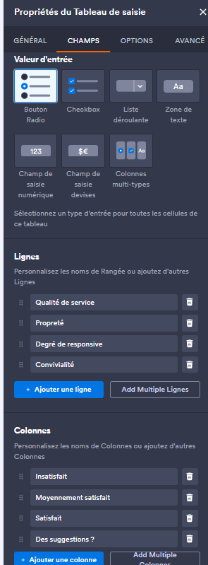 Capture d’écran de l’onglet Champ du volet Propriétés du tableau de saisie dans le Générateur de formulaires Jotform