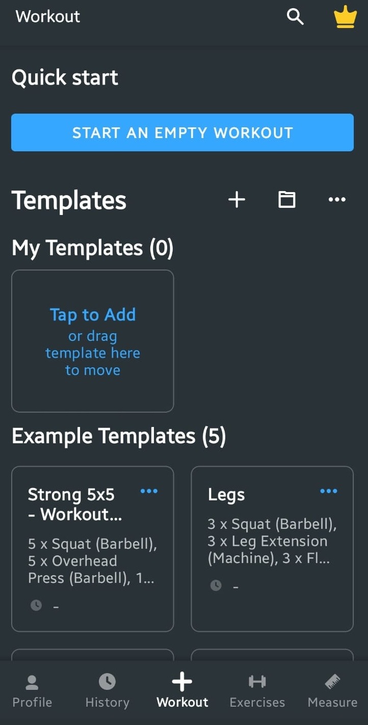 Strong App Quick Start button and Templates Section