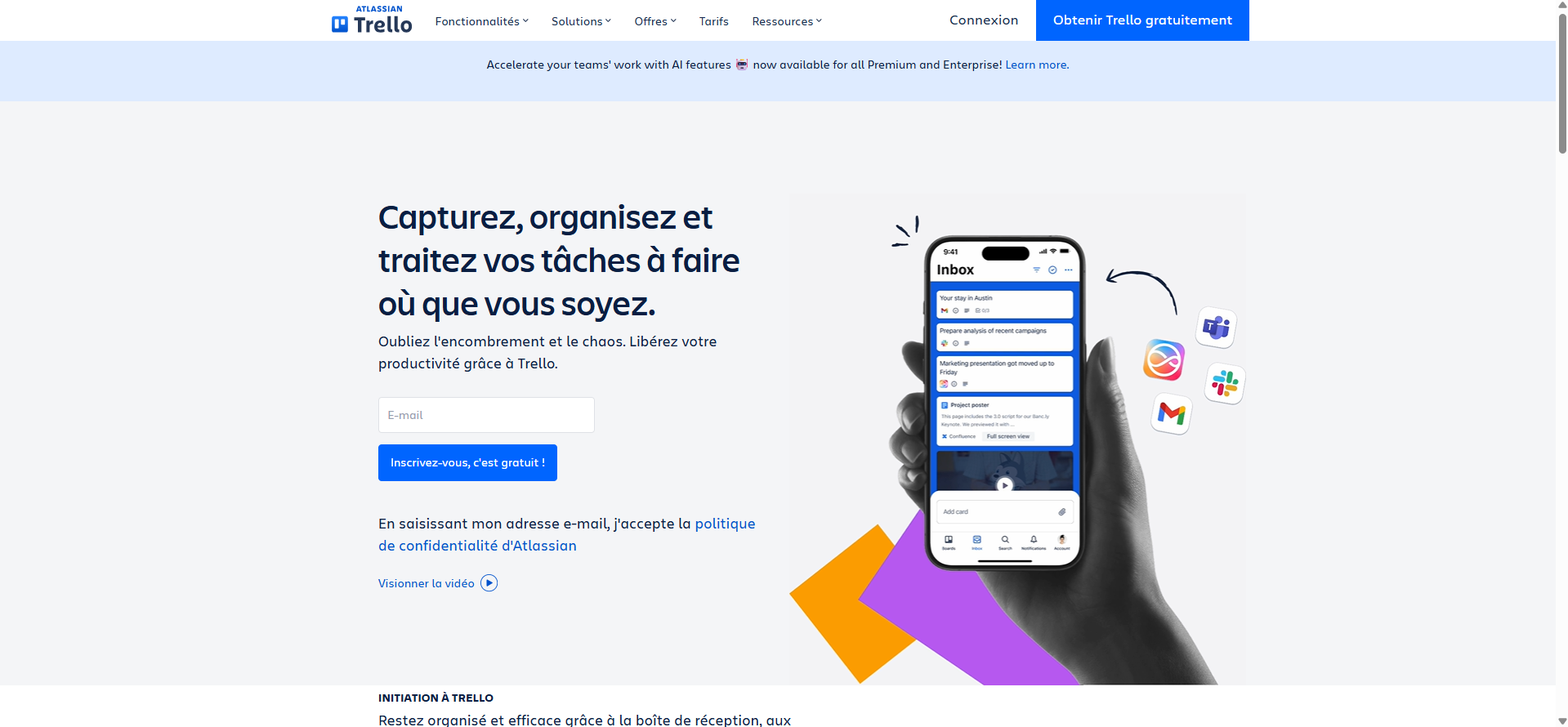 Capture d'écran de la page d'accueil du site Trello français