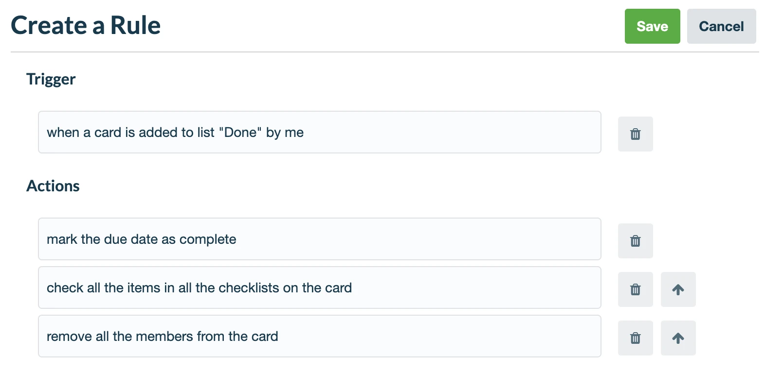 Capture d'écran de Butler Automation dans Trello montrant la création d'une règle automatisée qui déclenche plusieurs actions