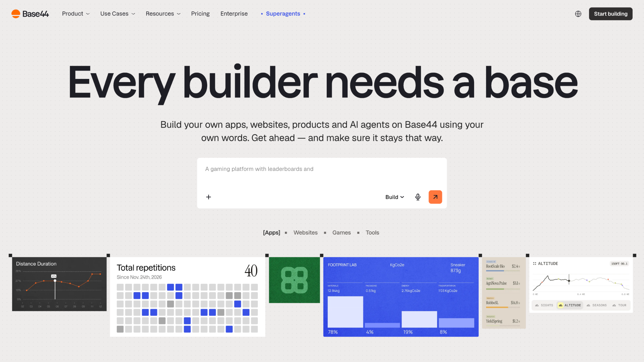 Screenshot of the Base44 landing page, showing a headline "Every builder needs a base"
