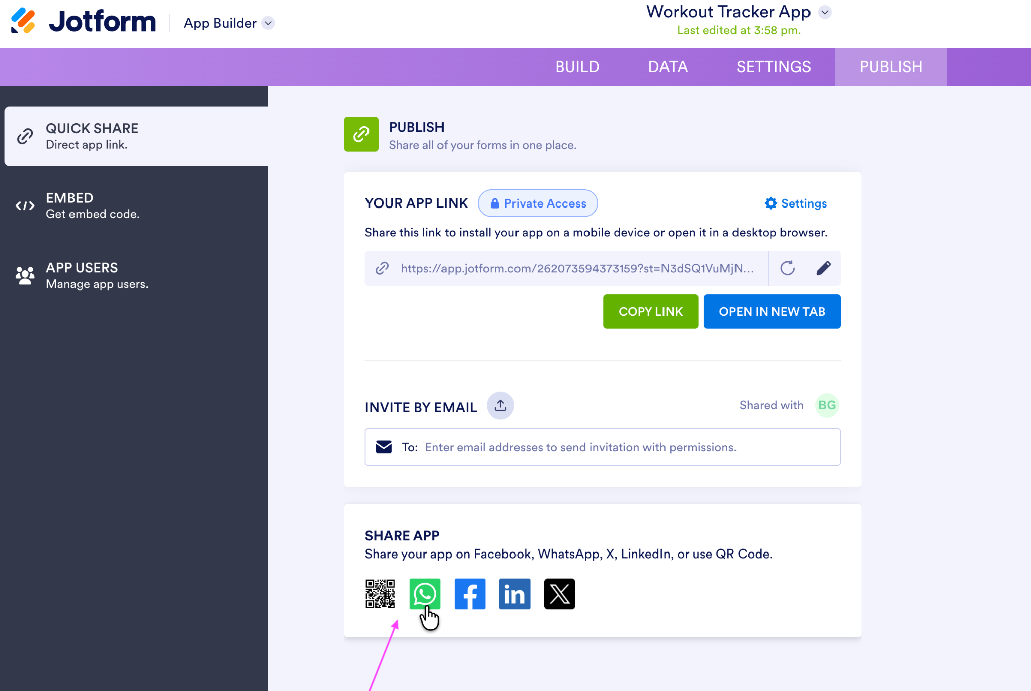 Jotform App Builder Publish Tab Share App Options