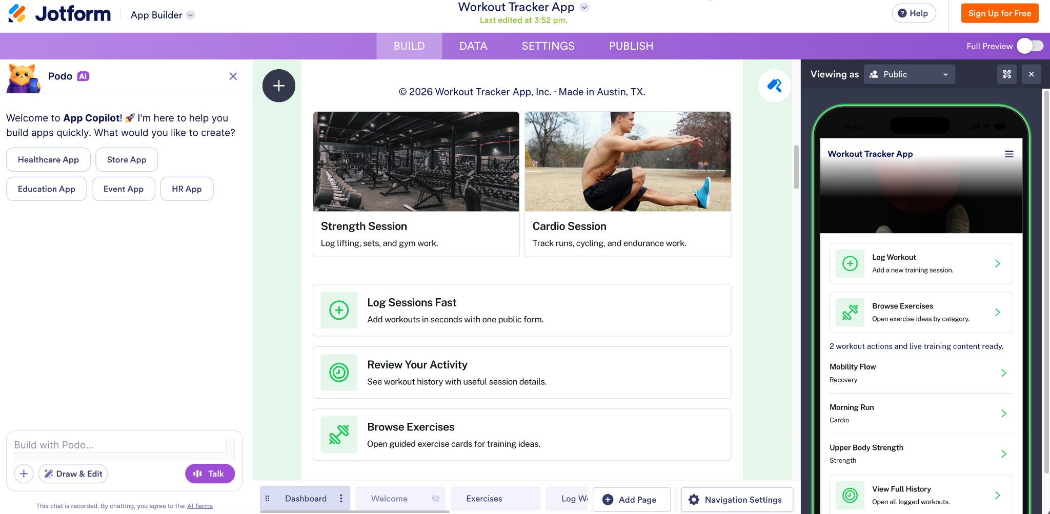 Jotform "Workout Tracker App" App Builder Page