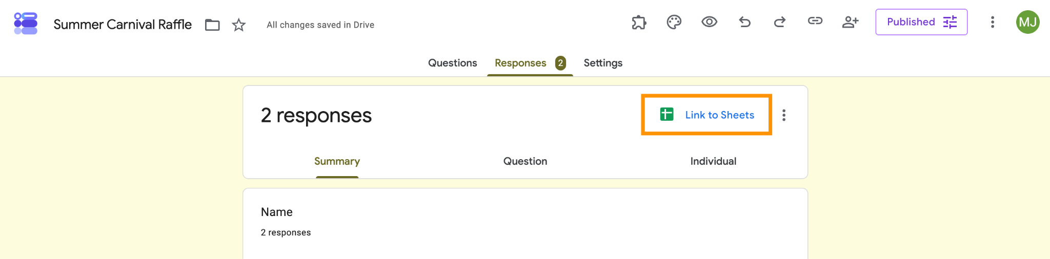 Google Forms “Responses” tab showing 2 responses, with the “Link to Sheets” button highlighted