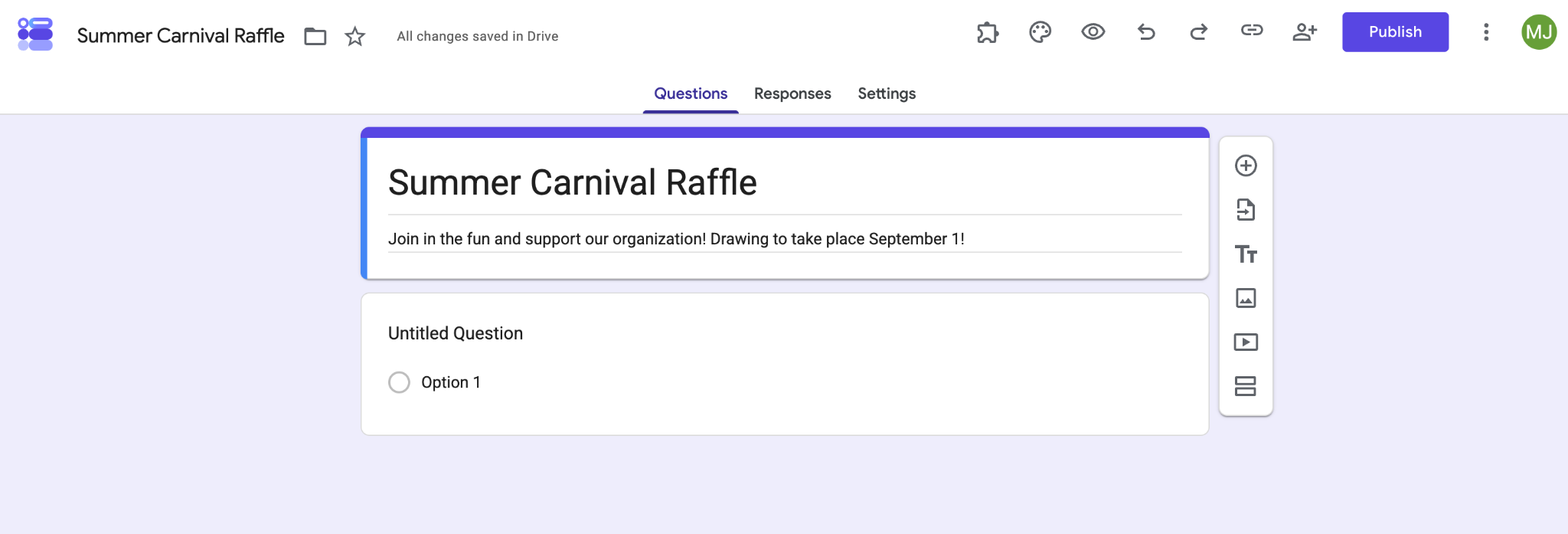 Screenshot of a blank Google Form titled “Summer Carnival Raffle,” showing the form title and an untitled question ready to be edited