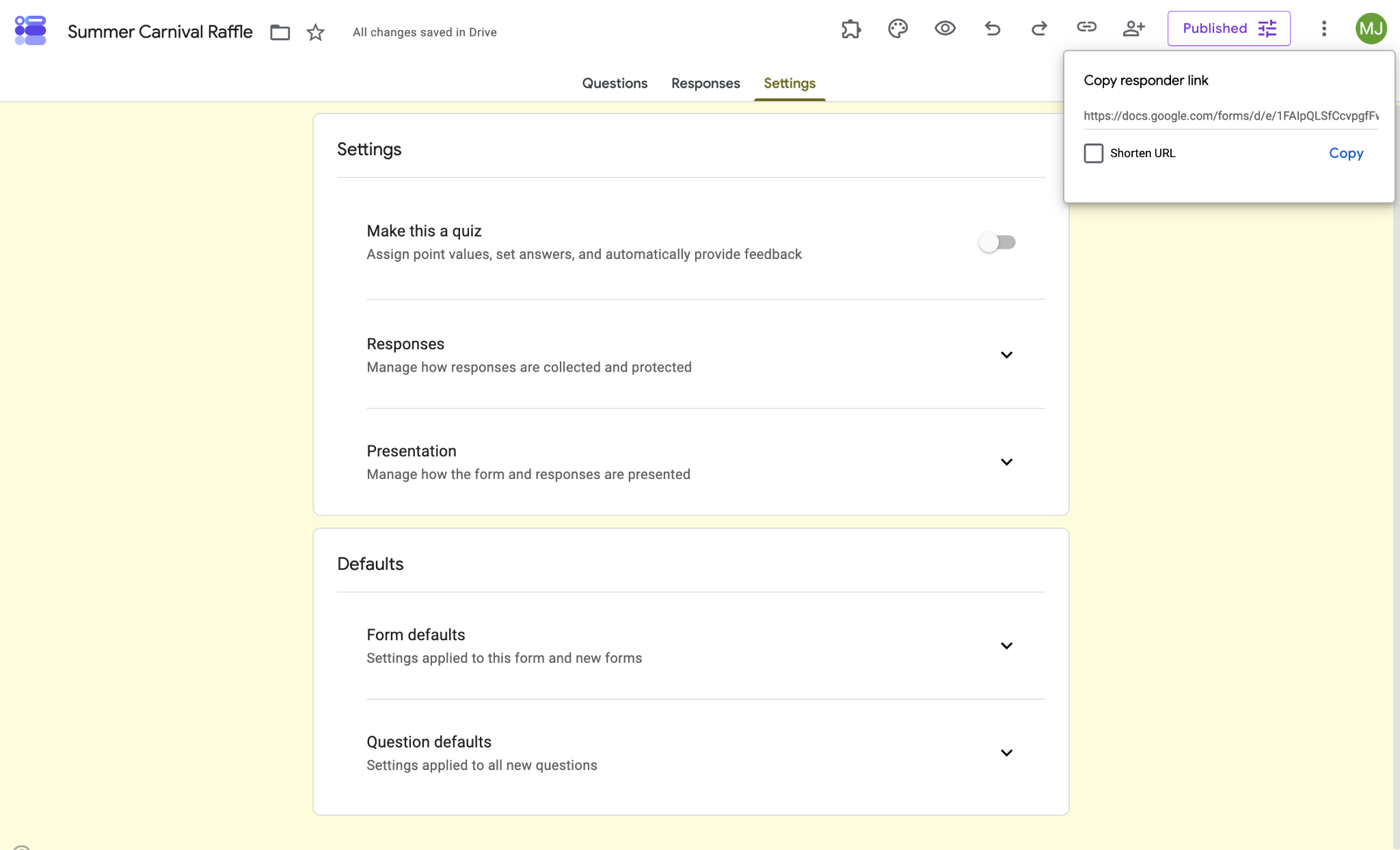 Google Forms “Settings” tab for the Summer Carnival Raffle, with a “Copy responder link” pop-up displayed in the upper-right corner