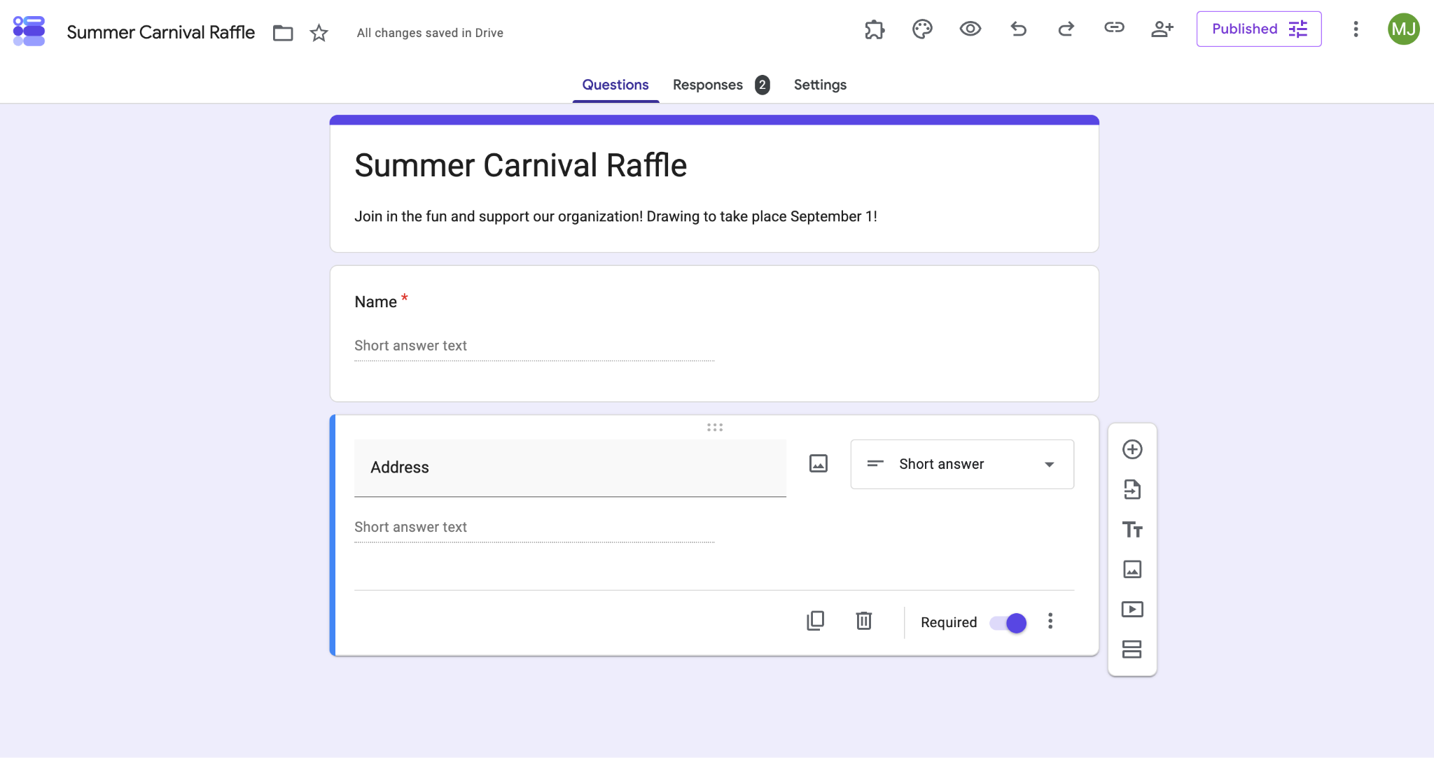 Screenshot of the “Summer Carnival Raffle” Google Form with a required Name field and an Address field set to the Short answer question type