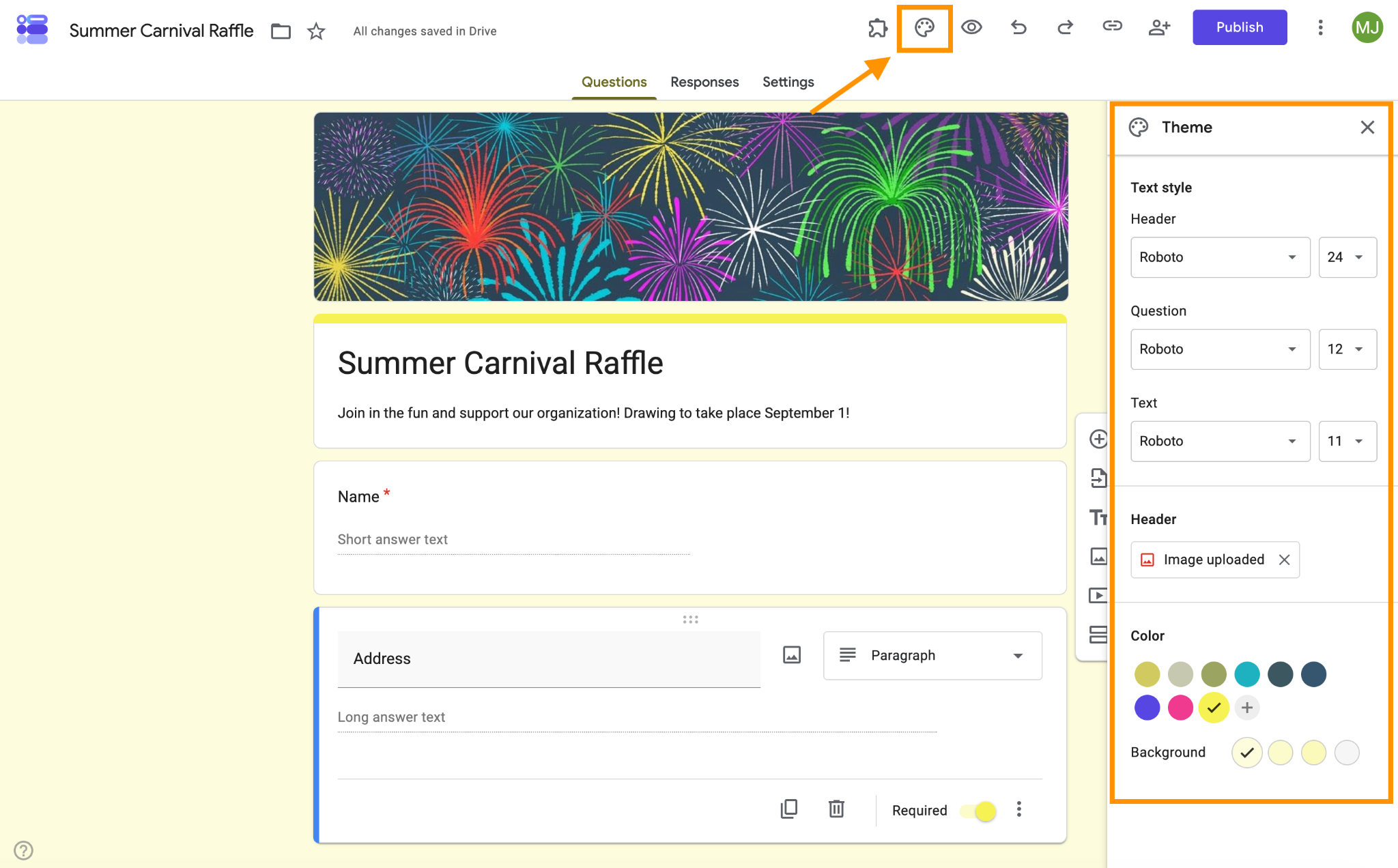 Google Forms “Theme” panel open beside the Summer Carnival Raffle form, showing a fireworks header image, font settings, and yellow color and background options