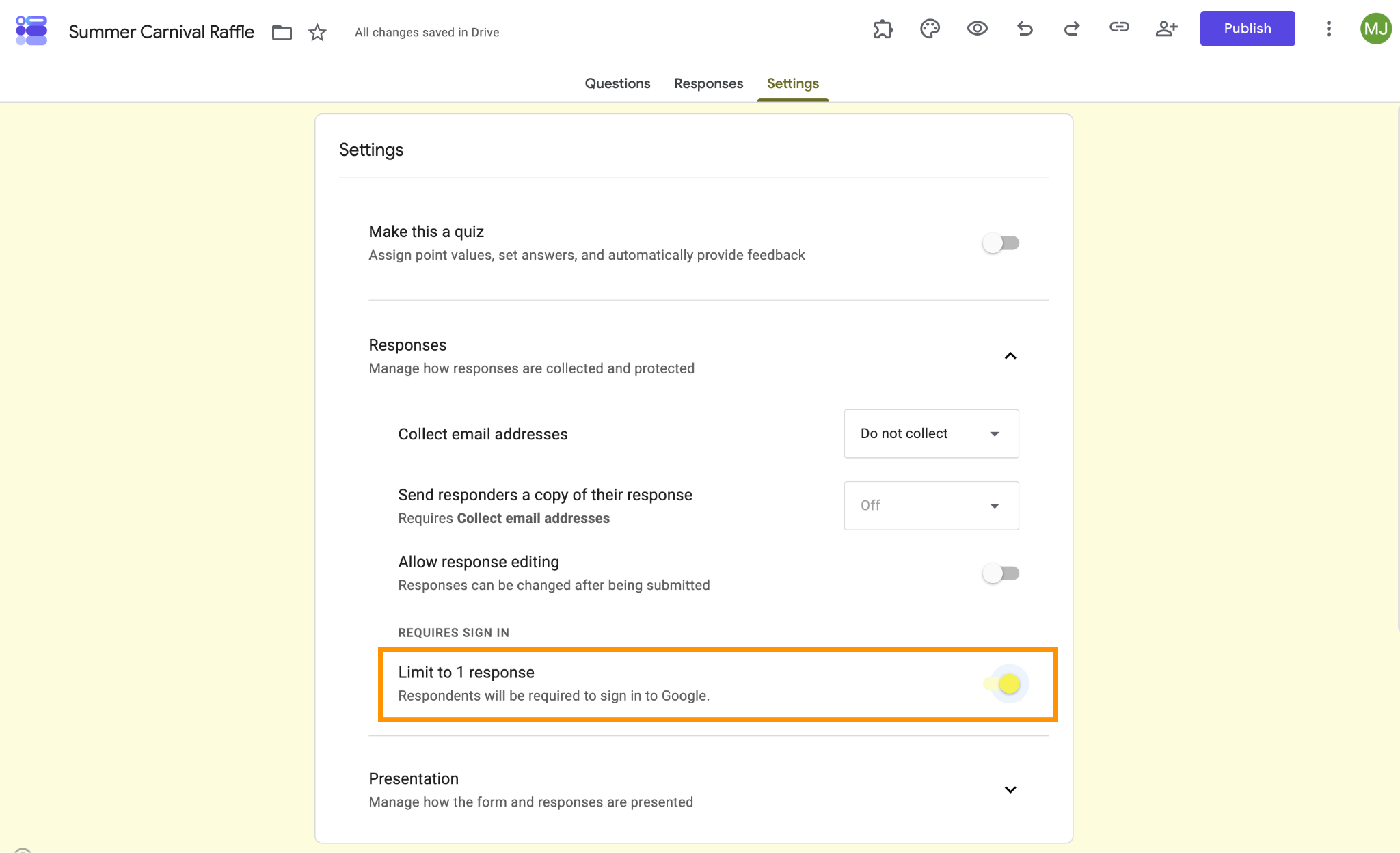 Google Forms “Settings” tab with the Responses section expanded and the “Limit to 1 response” option highlighted and enabled