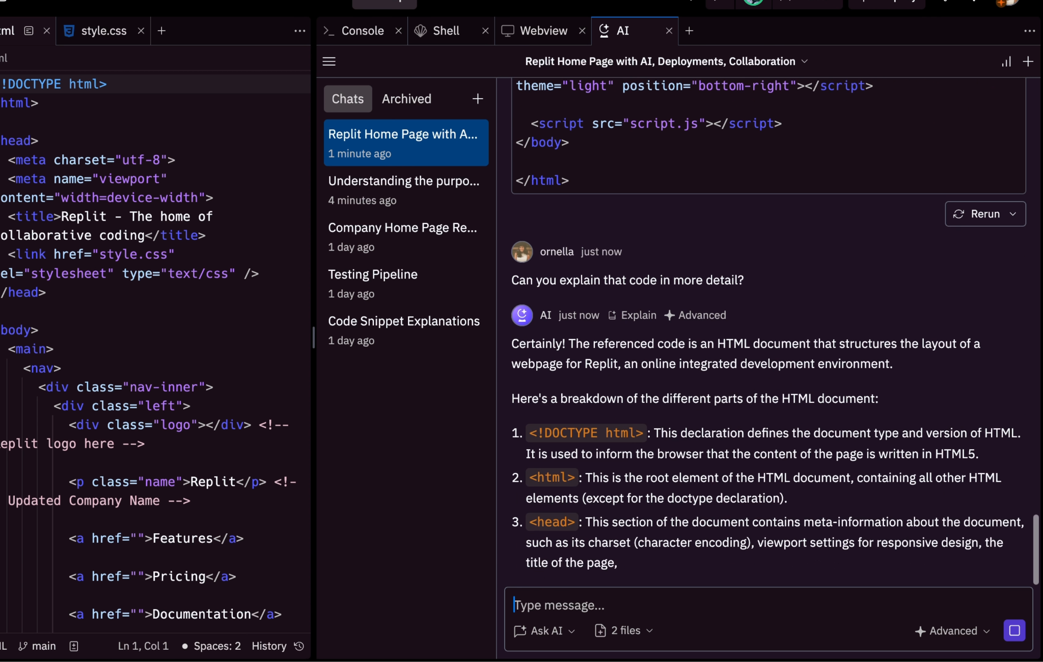 Replit development interface showing HTML source code alongside an AI chat assistant explaining the structure and purpose of the webpage code