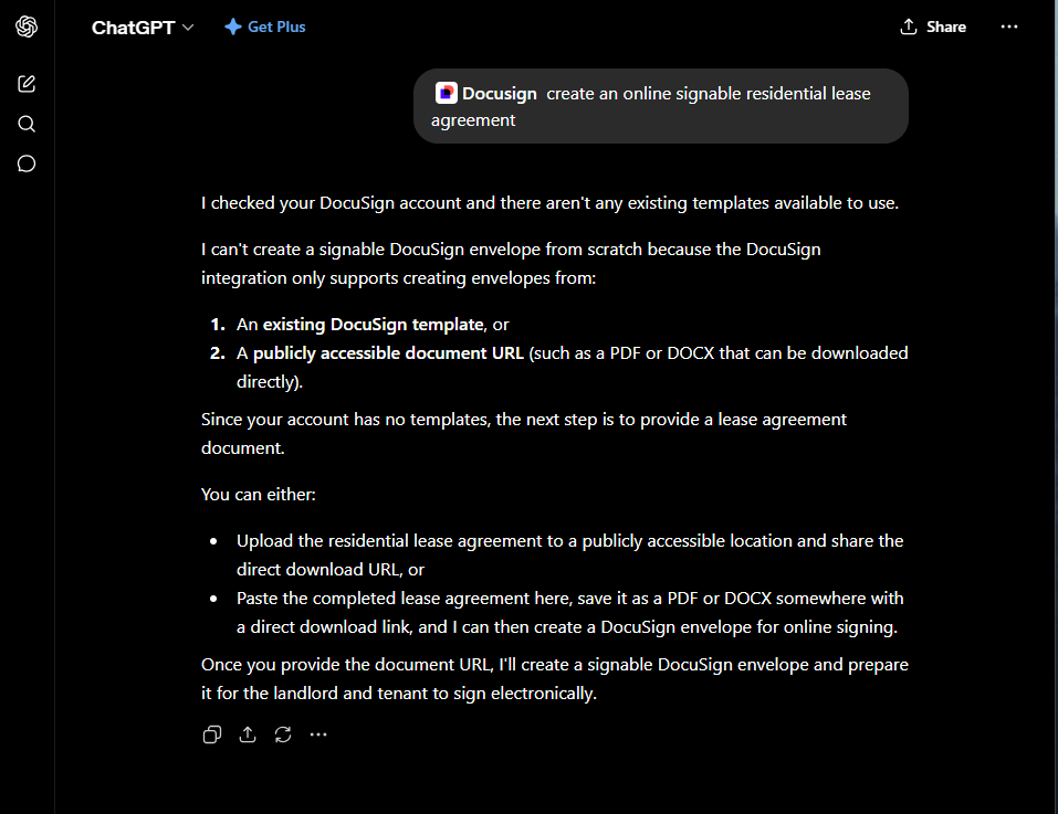 ChatGPT Docusign app Creating an online signable residential lease agreement