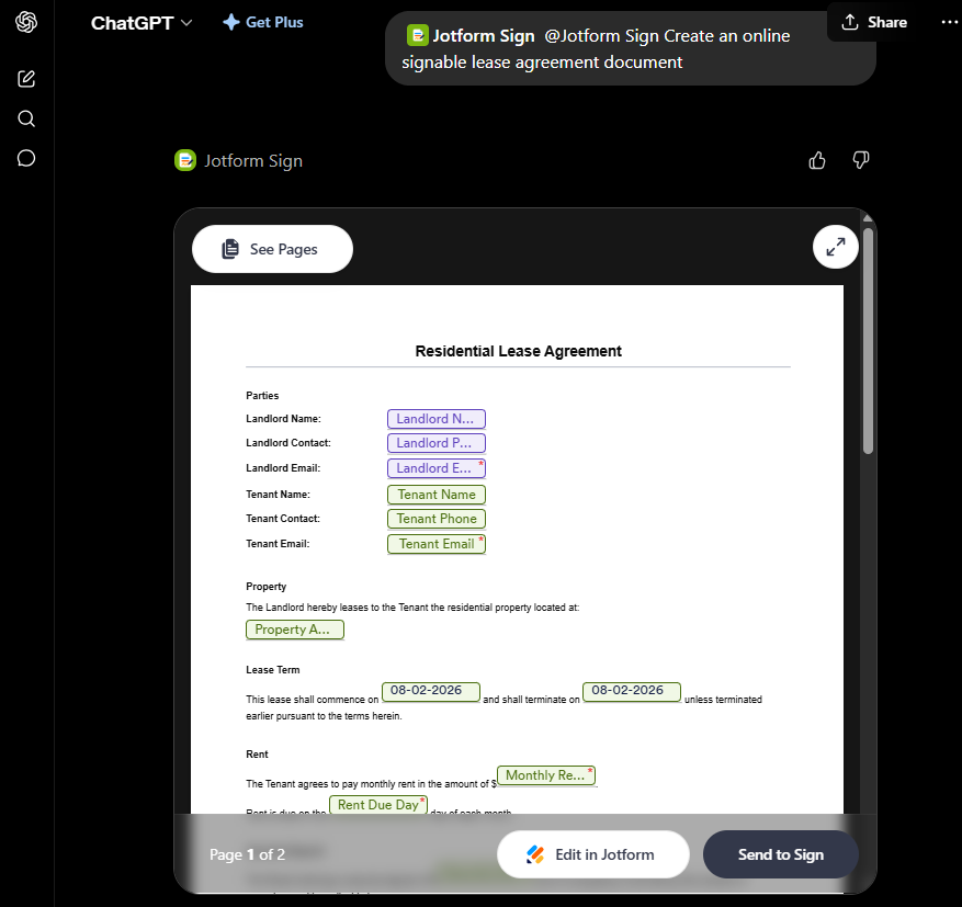 ChatGPT Jotform Sign App Creating an online signable lease agreement document