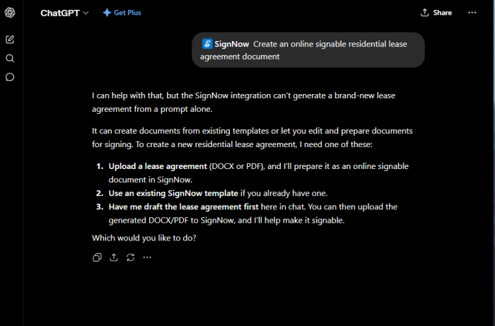 ChatGPT SignNow app Creating an online signable residential lease agreement document