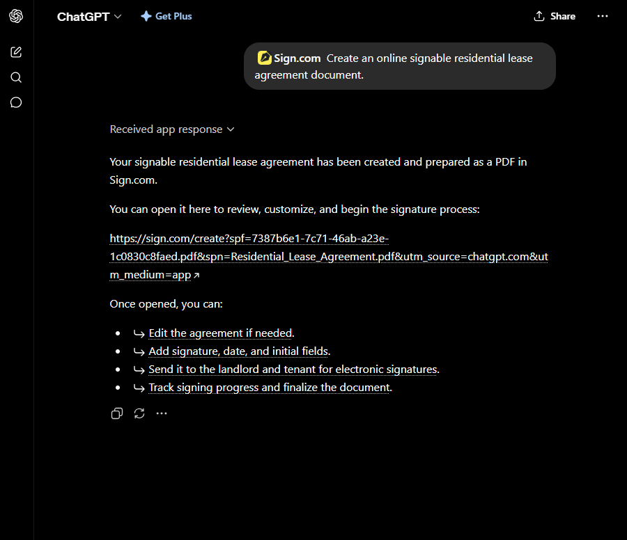ChatGPT Sign.com app 
Creating and online signable residential lease agreement document.