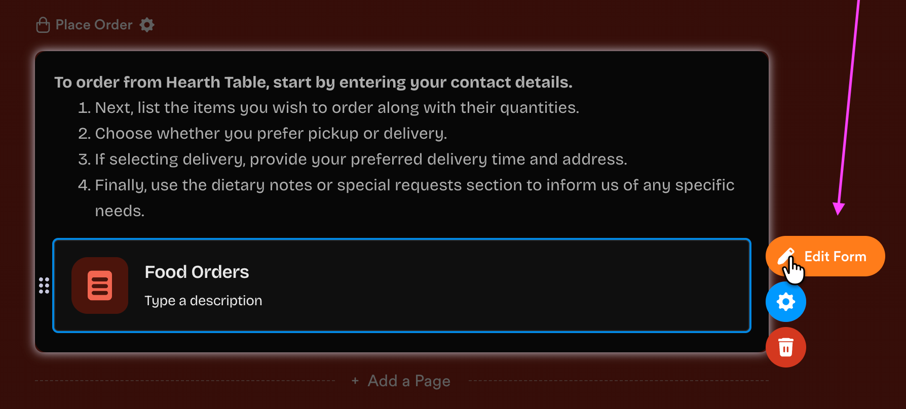 Food Orders form selected in Jotform App Builder, with the Edit Form button highlighted