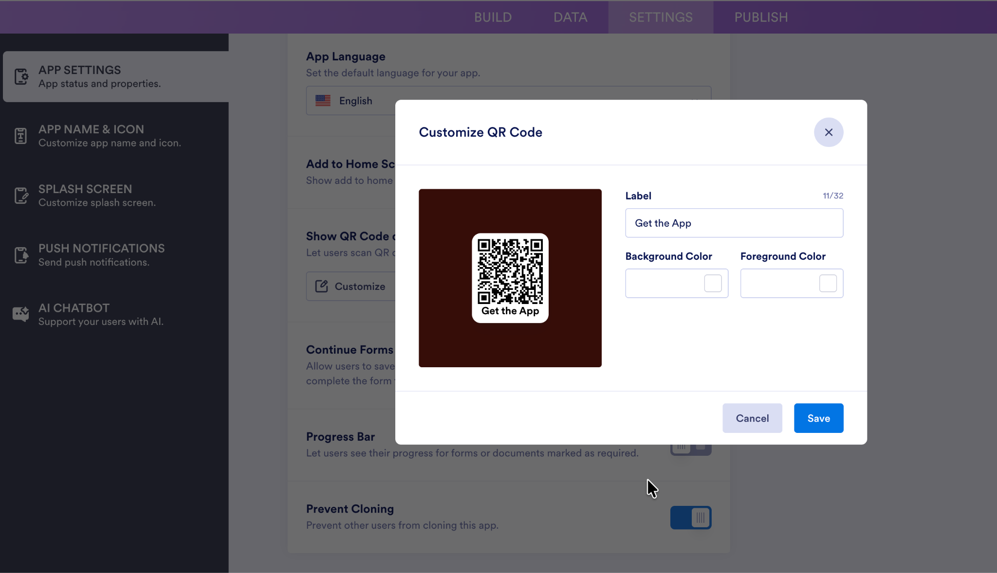 Jotform App Settings window showing QR code customization options for the label, background color, and foreground color