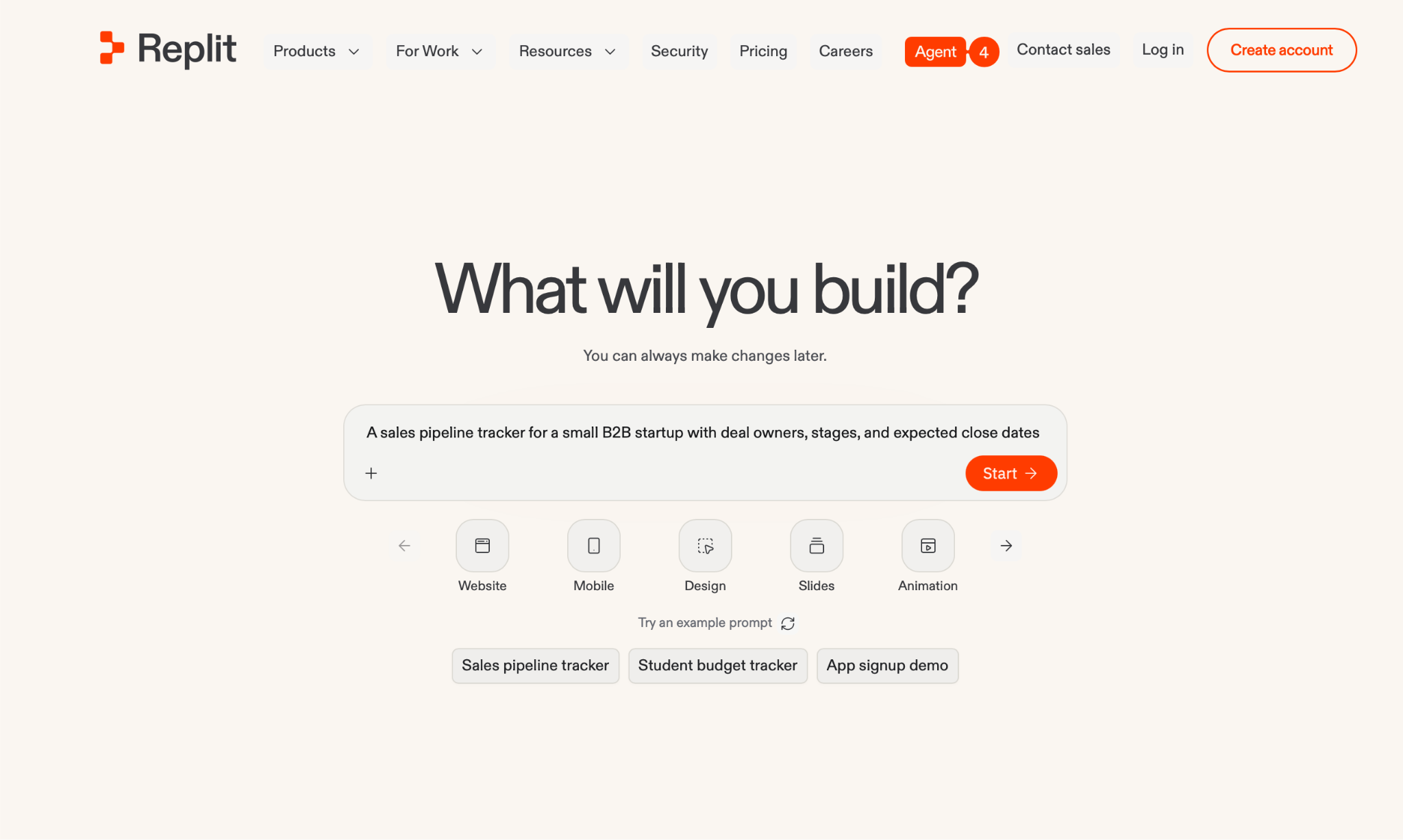 Screenshot of the Replit landing page, showing a headline "What will you build?"