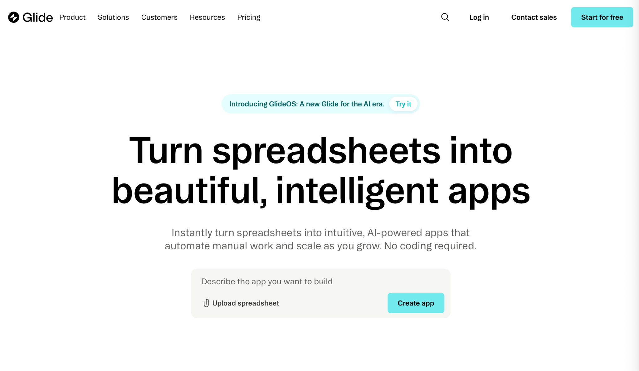 Screenshot of the Glide landing page, showing a headline "Turn spreadsheets into beautiful, intelligent apps
