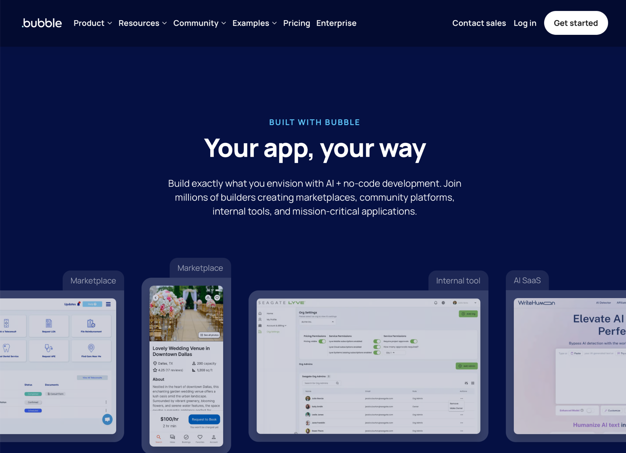 Screenshot of the Bubble landing page, showing a headline "Your app, your way
