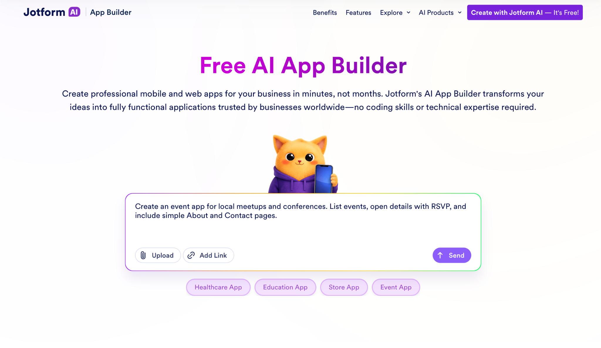 Screenshot of the Jotform AI App Builder landing page