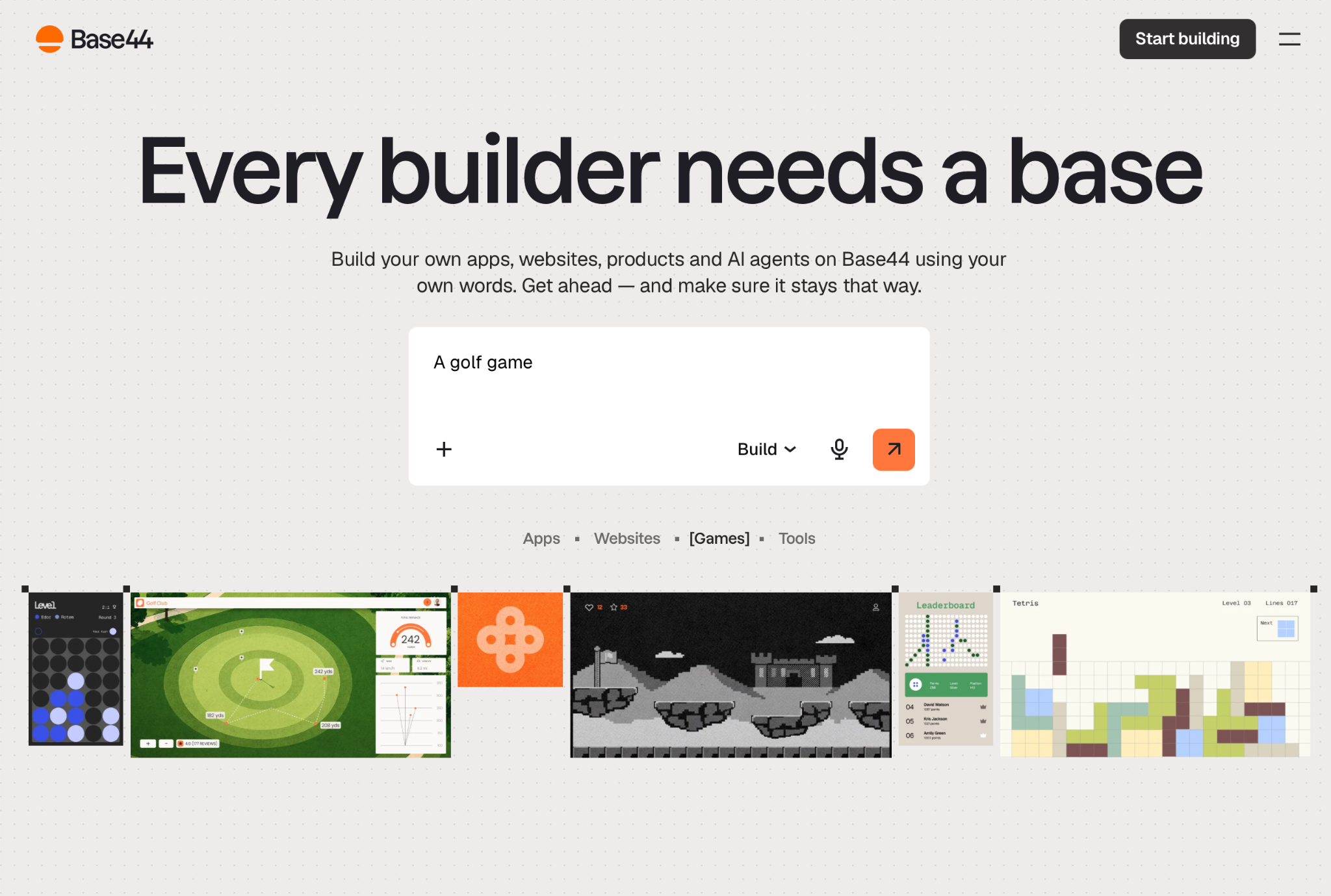 Screenshot of the Base44 landing page, showing a headline "Every builder needs a base"