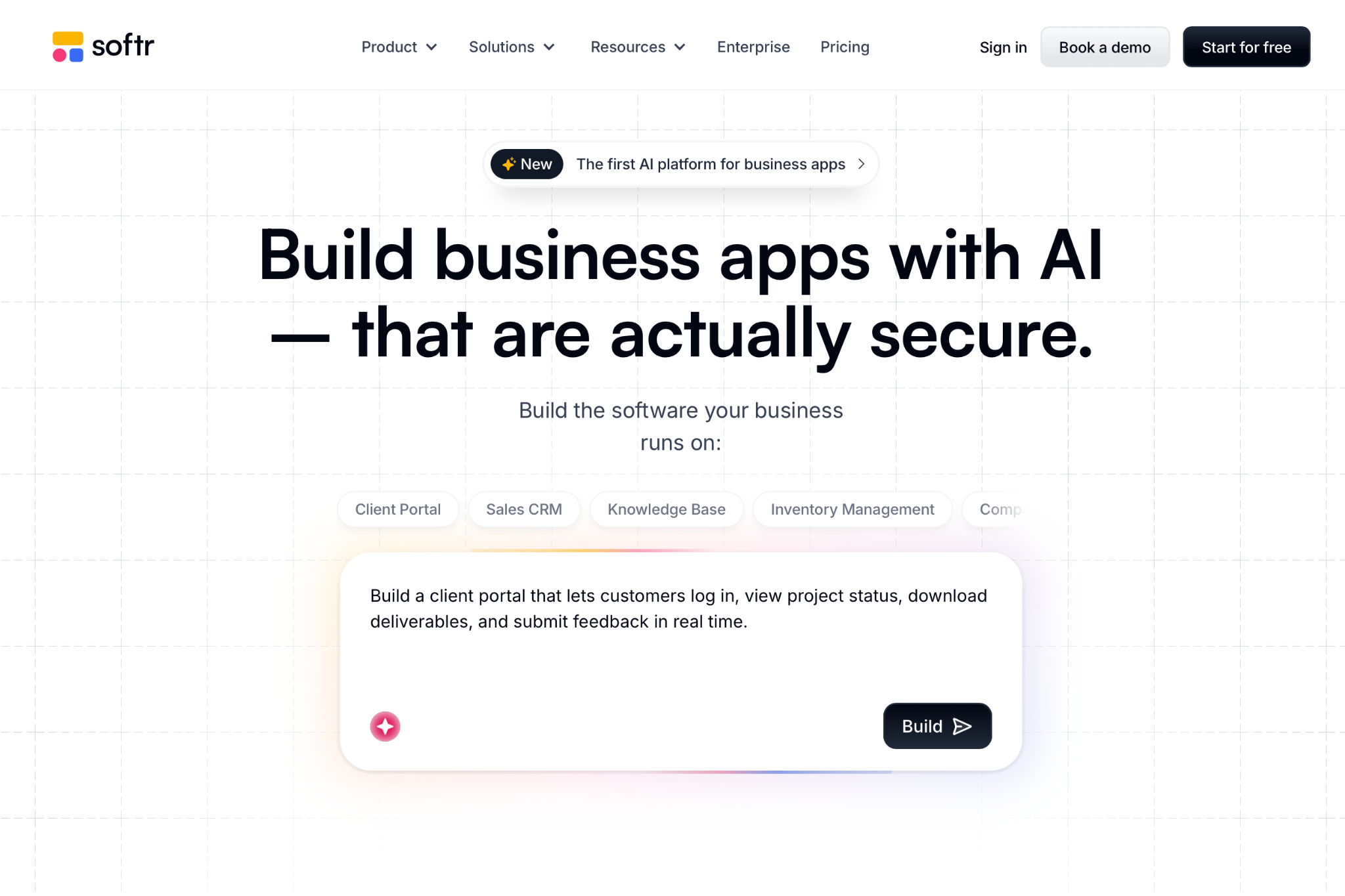 Screenshot of the Softr landing page, showing a headline "Build business apps with AI - that are actually secure