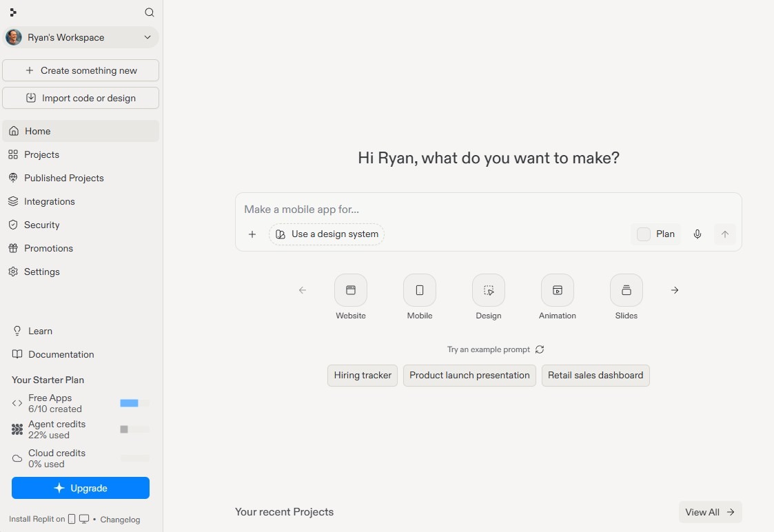 Replit home dashboard showing a prompt to create a new app, with options for website, mobile, design, automation, and data projects