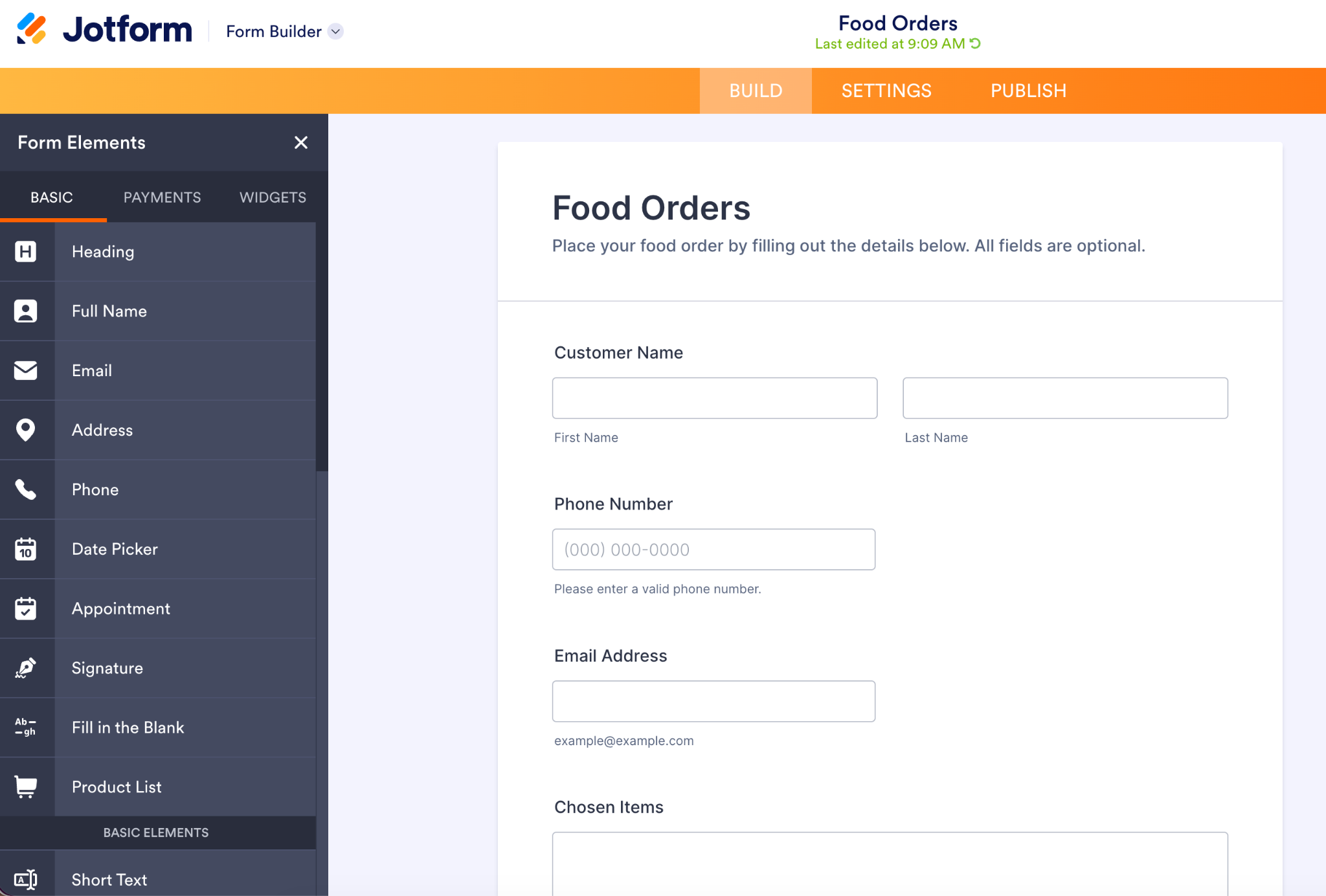 Jotform Form Builder showing customer contact and order fields for a restaurant ordering app