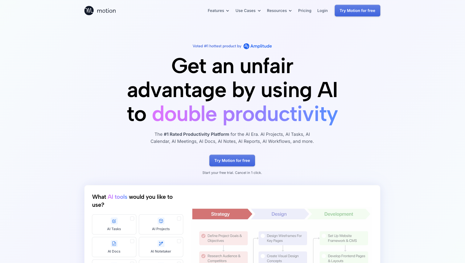 Motion website with the words: "Get an unfair advantage by using AI to double productivity"