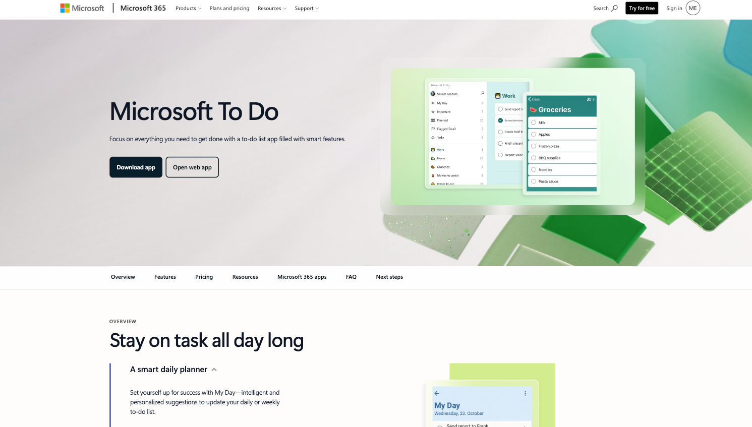 Microsoft To Do website with the words: "Focus on everything you need to get done with a to-do list app filled with smart features"