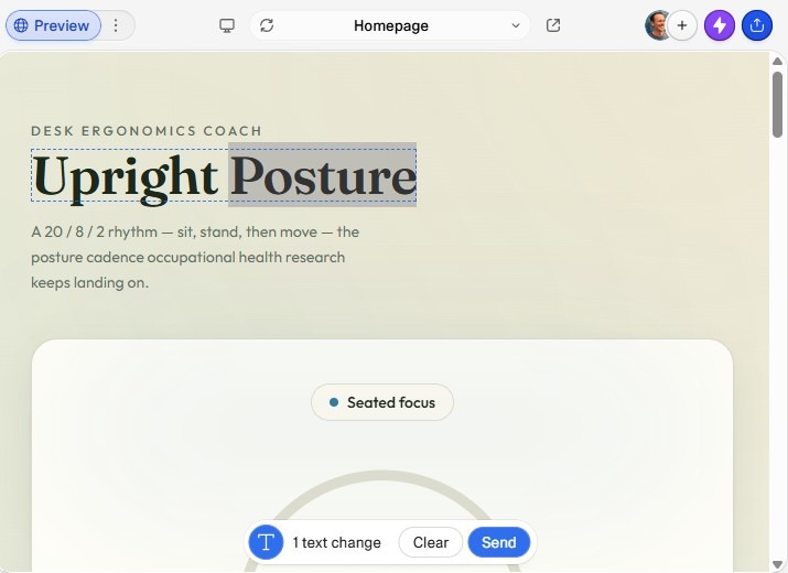 Replit app preview showing the “Upright Posture” interface with selected text and an inline prompt bar for submitting a text change