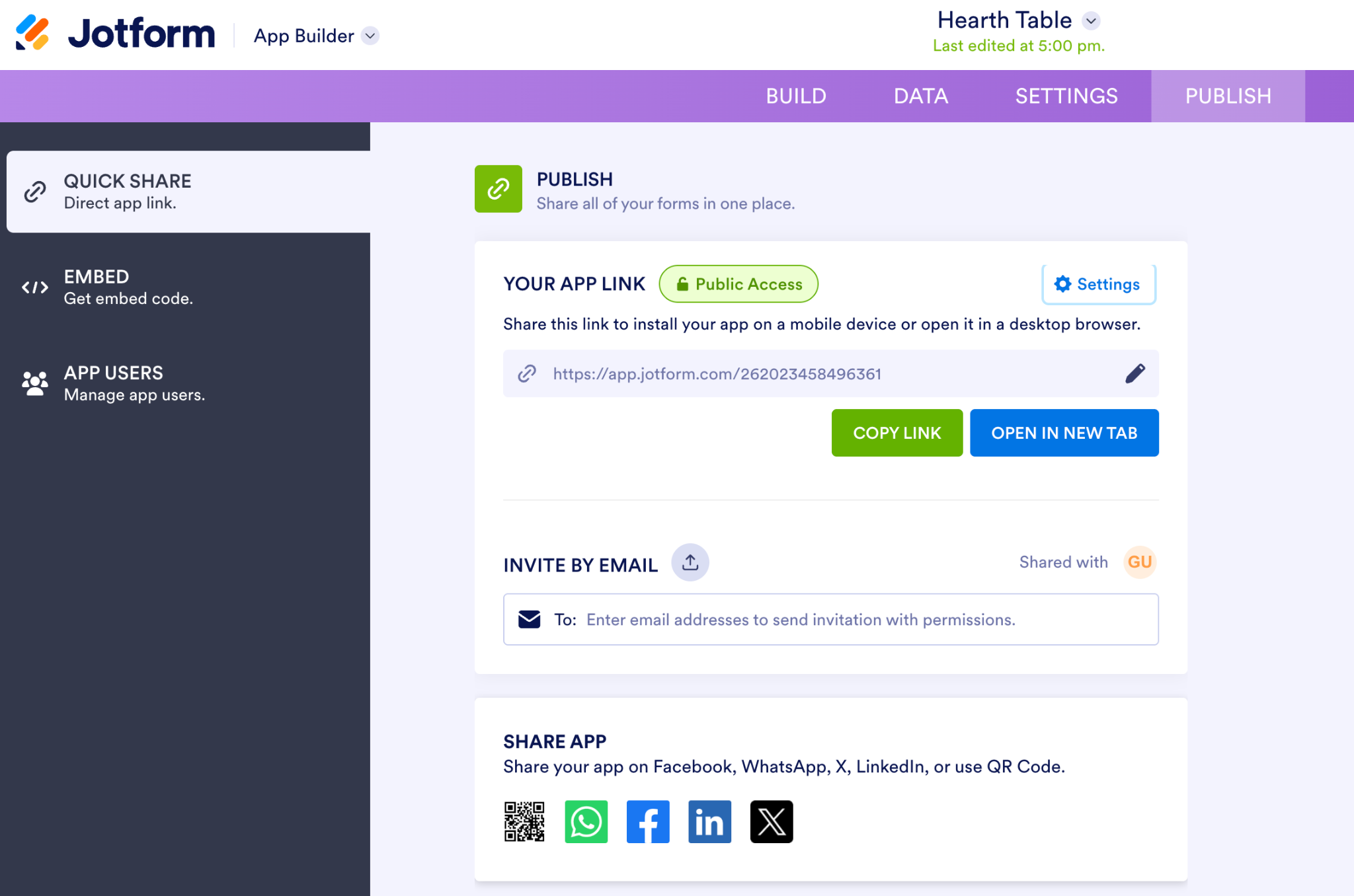 Jotform App Builder’s Publish tab showing options to copy the app link, open it in a new tab, invite users, or share it on social platforms