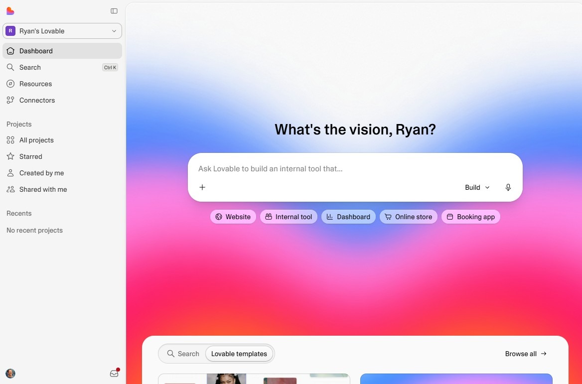 Lovable home dashboard with a colorful gradient background, a central prompt asking “What’s the vision, Ryan?”, and quick-start options for different app types