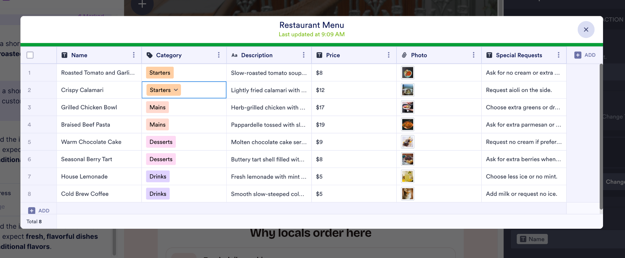 Restaurant menu items displayed in a table with columns for category, description, price, image, and special requests