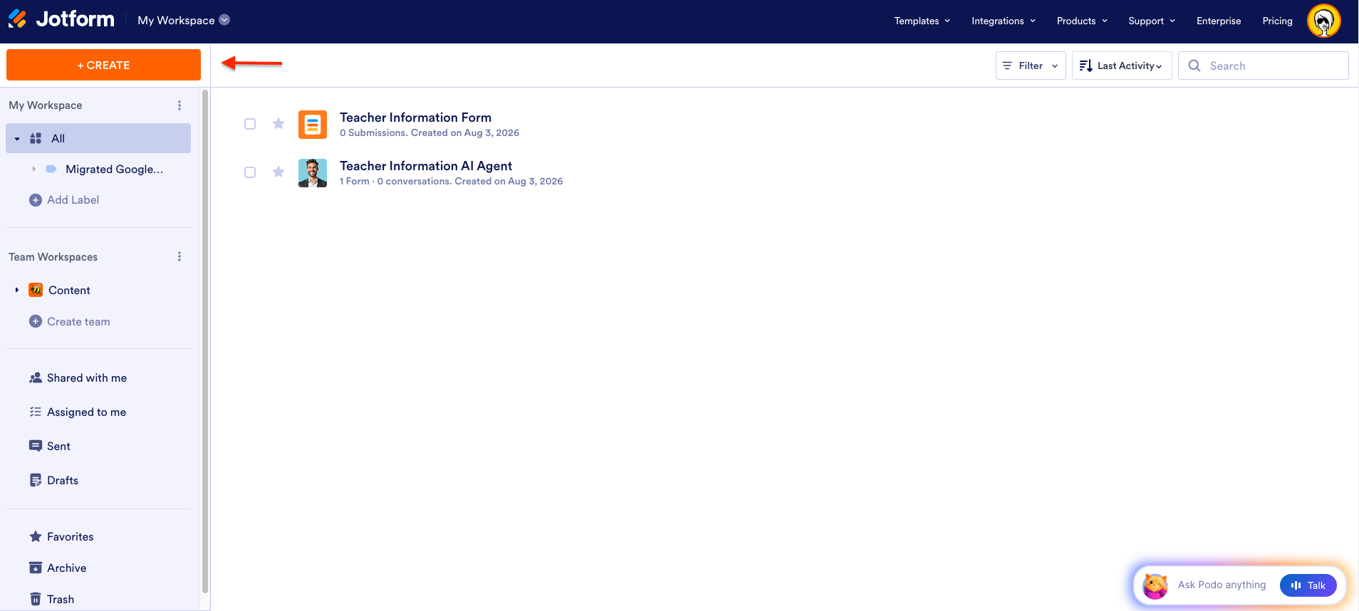 Jotform Workspace +Create Button