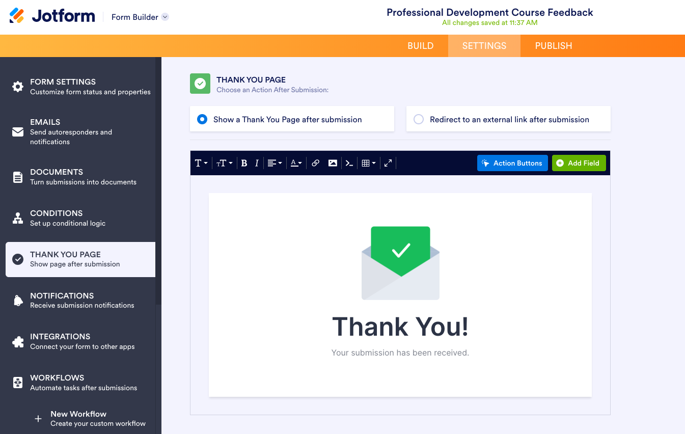 Jotform Form Builder Settings Tab Thank You Page "Show a Thank You Page after submission" Option Customization