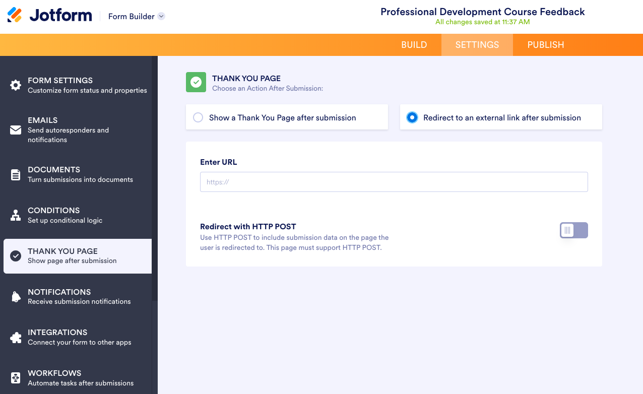 Jotform Form Builder Settings Tab Thank You Page "Redirect to an external link after submission" Option Customization