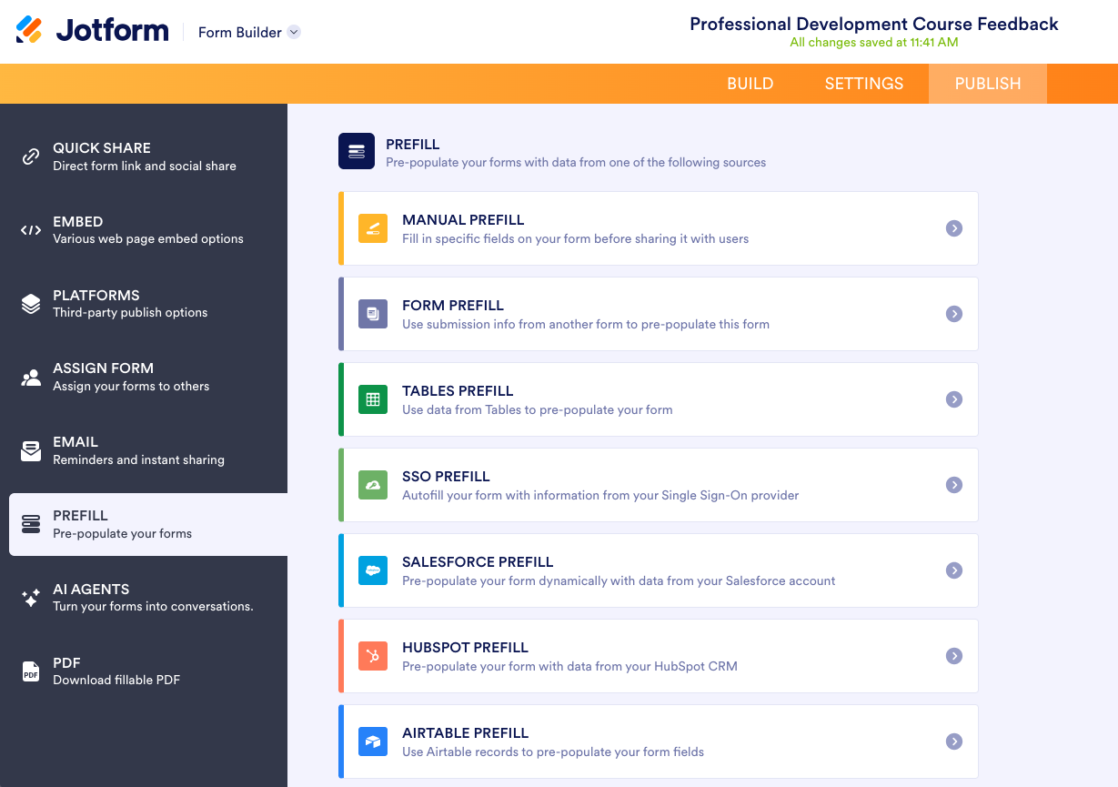 Jotform Form Builder Publish Tab Prefill Menu Prefill Options