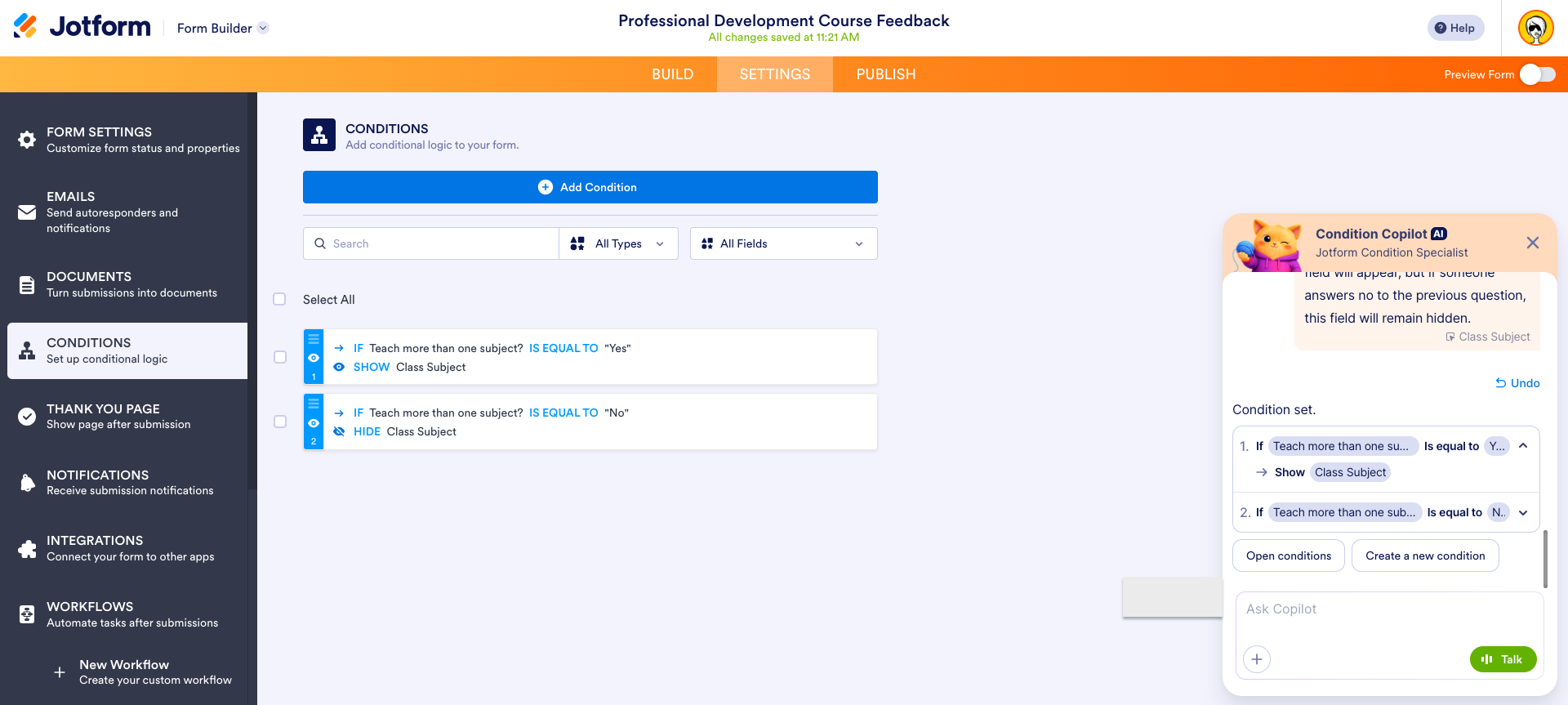 Jotform Form Builder Navigating to Conditions Menu using Form Copilot