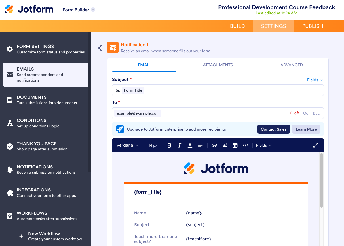 Jotform Form Builder Settings Tab Emails Menu Notification Email Customization