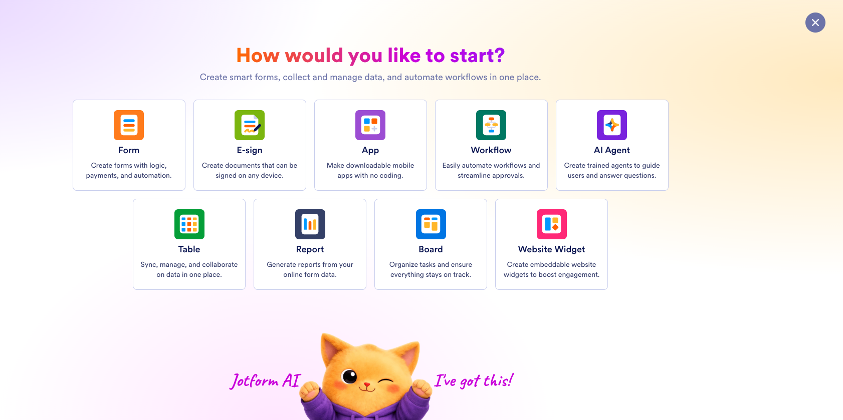 Jotform Workspace Asset Type Selection