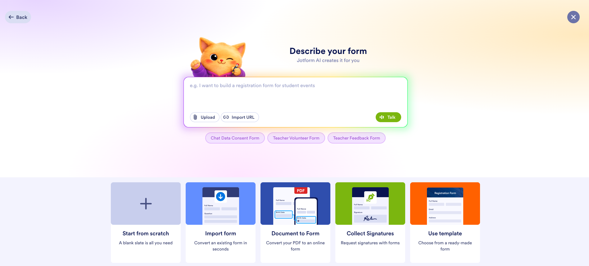 Jotform Workspace Asset Type Selection Form Option "Describe your form" Prompt Box and Other Form Creation Starting Options