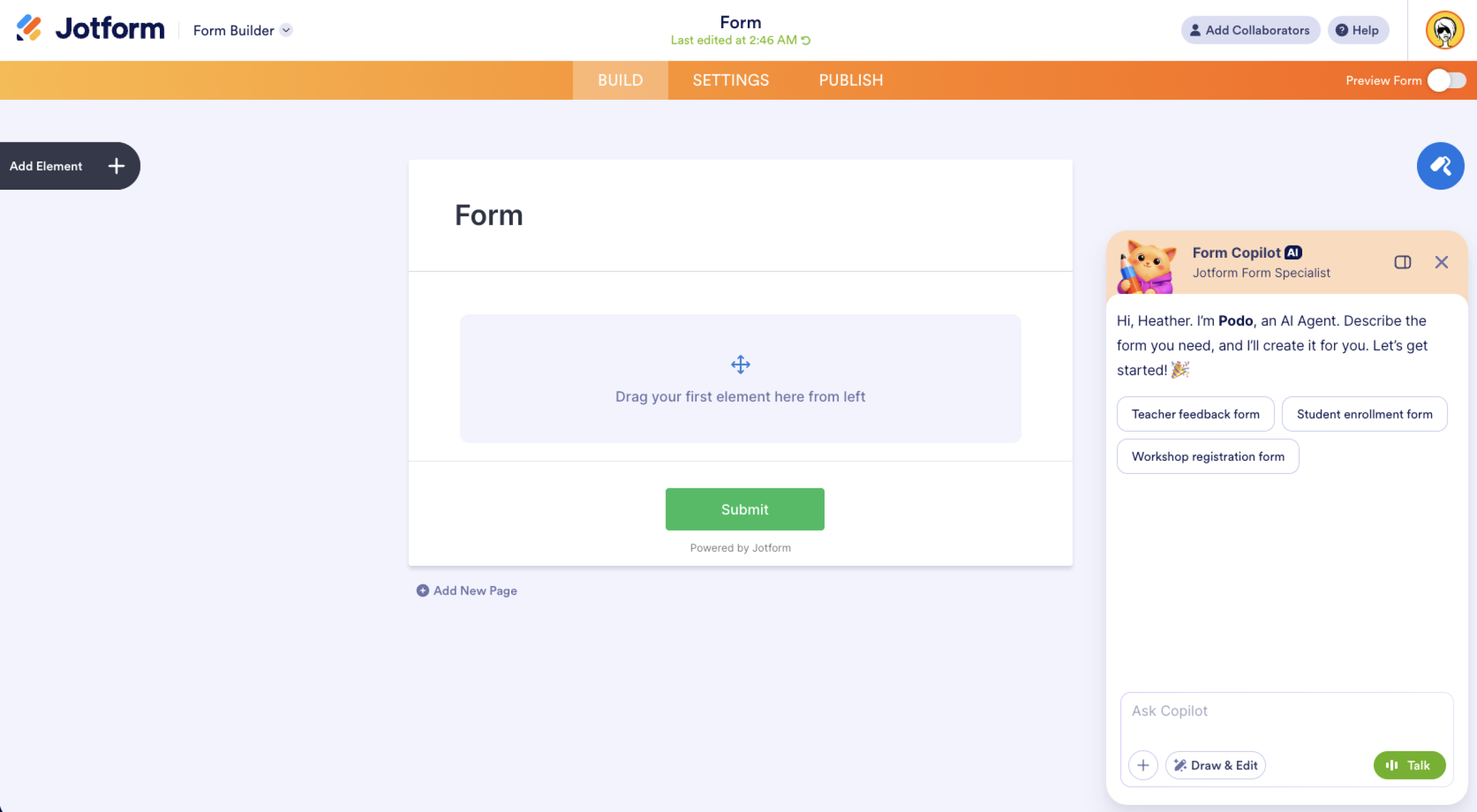 Jotform Form Builder Build Tab Add Element Menu Button, Form Designer Menu Button Form Copilot