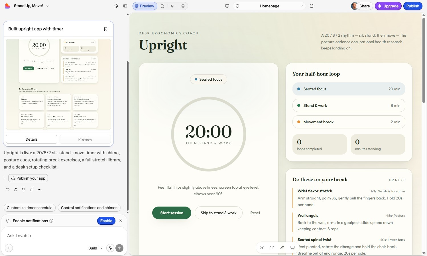 Lovable app-building interface showing a generated “Upright” posture-break web app with a 20-minute focus timer, break-loop settings, and session controls