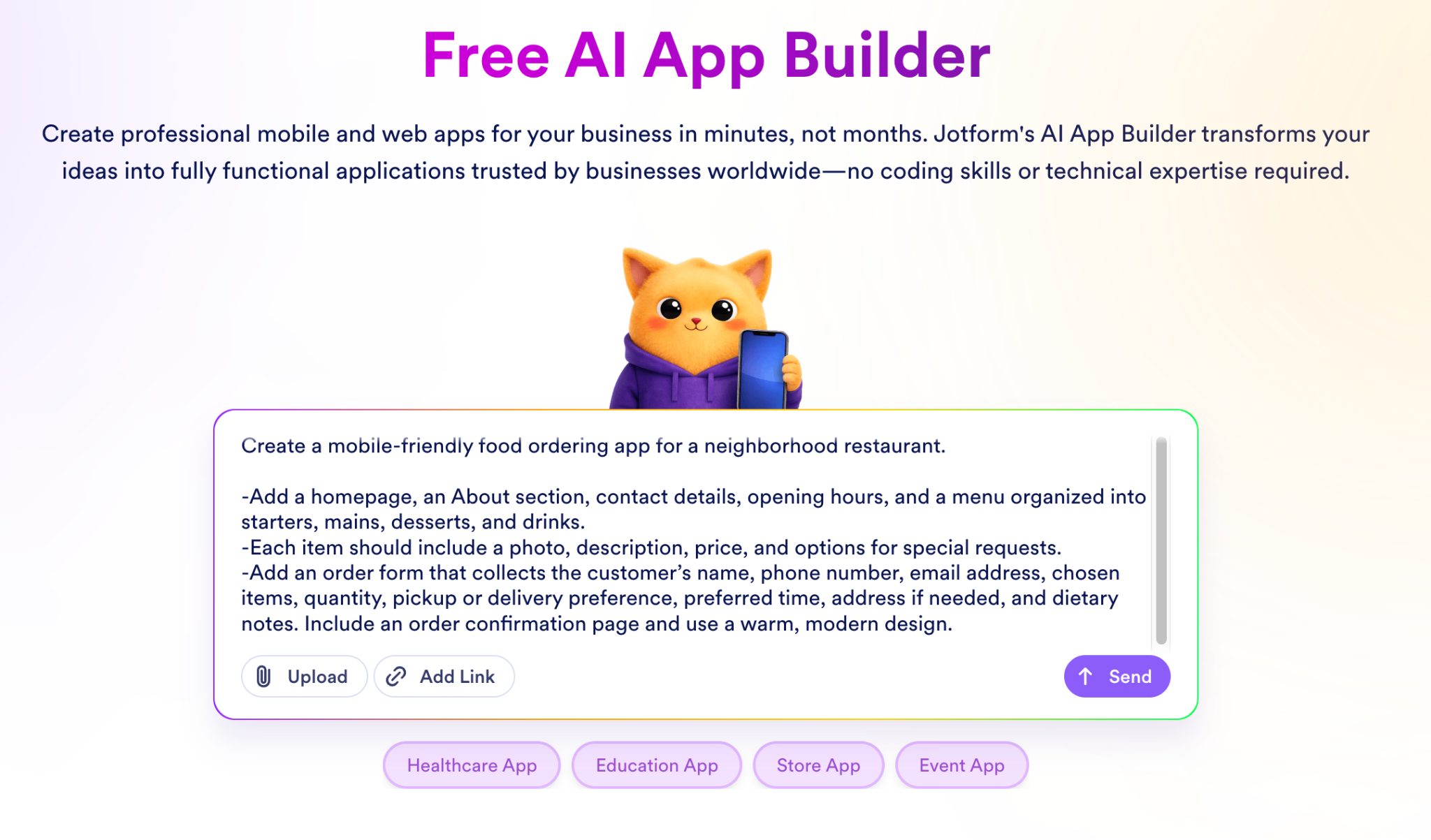 Jotform AI App Builder generating a mobile-friendly restaurant ordering app from a detailed text prompt
