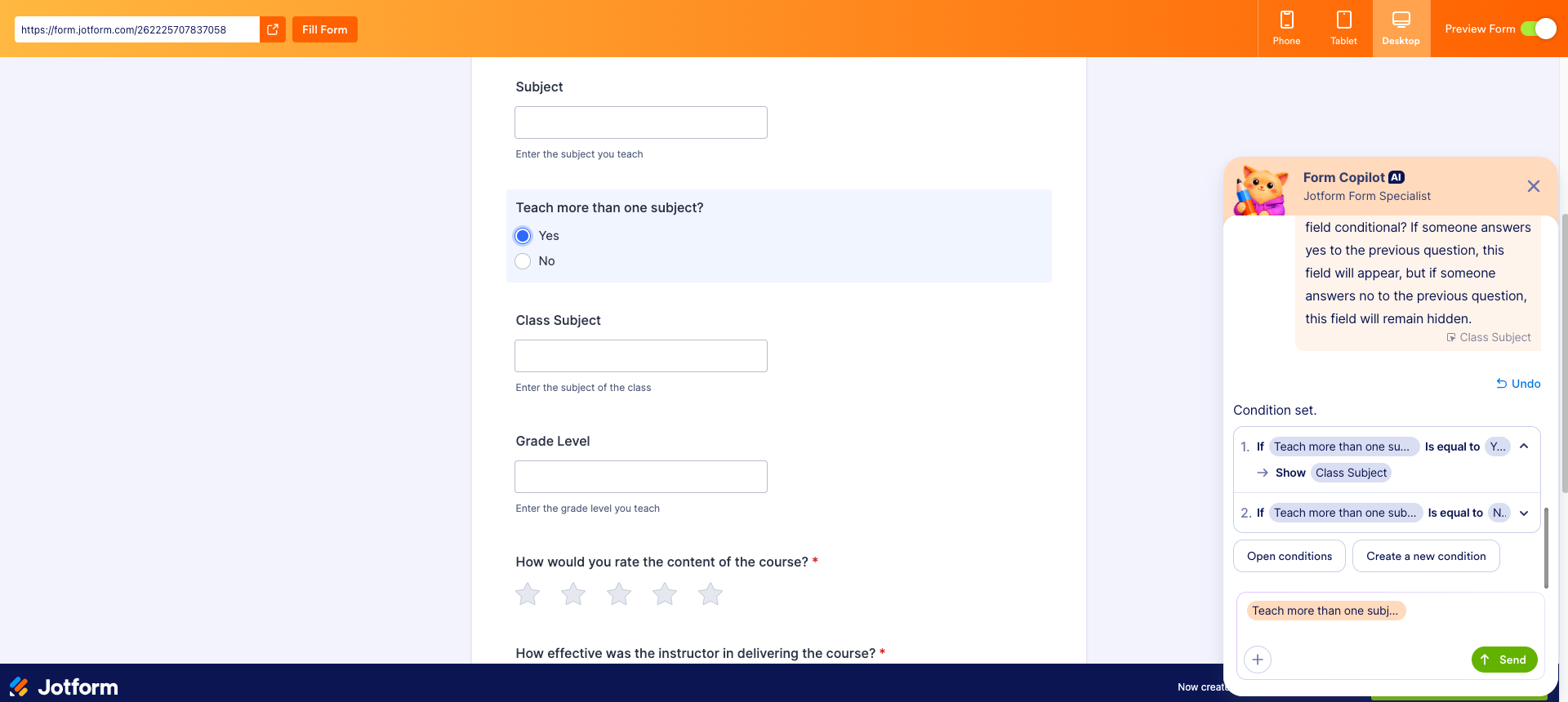 Jotform Form Builder Adding Subject lines and Conditions using Form Copilot
