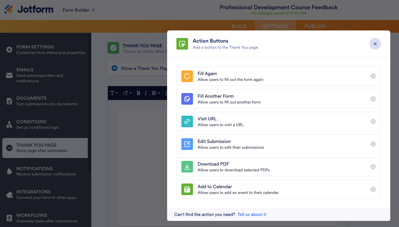 Jotform Form Builder Settings Tab Thank You Page Action Buttons Menu