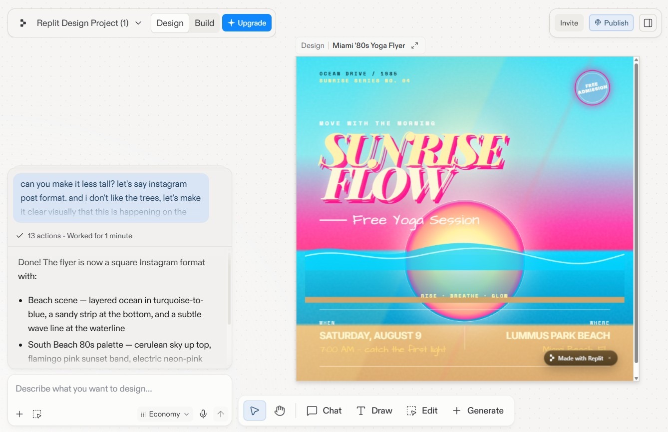 Replit Design workspace showing a colorful “Sunrise Flow” yoga poster alongside a chat panel with AI-generated design feedback and editing suggestions
