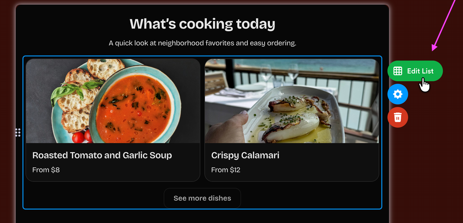 Restaurant menu section selected in Jotform App Builder, with the Edit List button highlighted