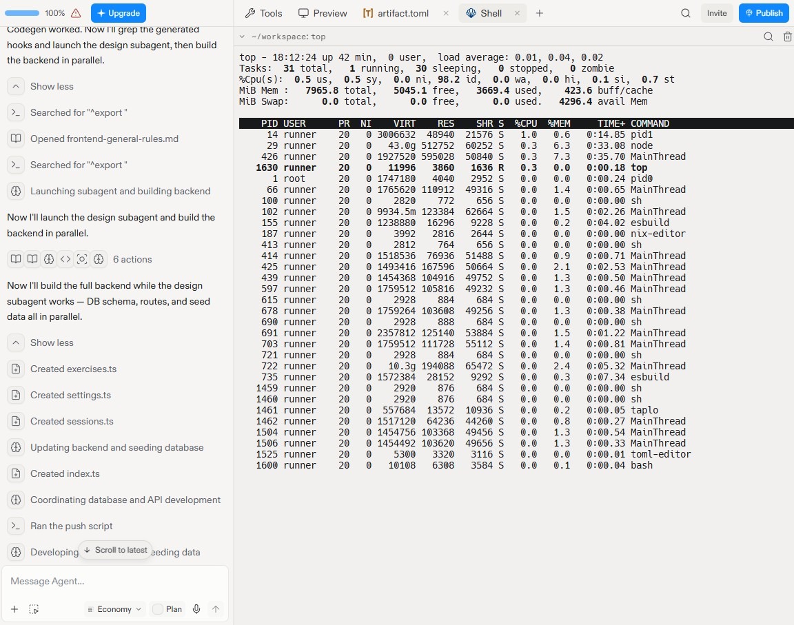 Replit workspace showing an AI agent building and launching an app while a terminal displays active system processes and resource usage